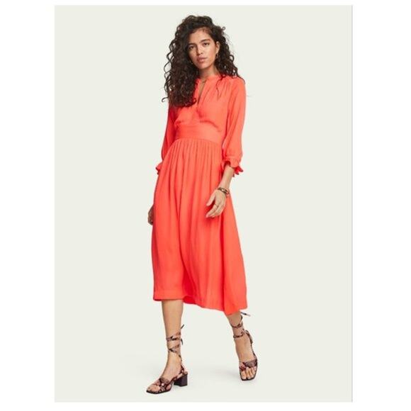 Maison Scotch & Soda Ruffled Midi Dress Coral Vneck Ruffle Floaty Summer Boho - Picture 1 of 6